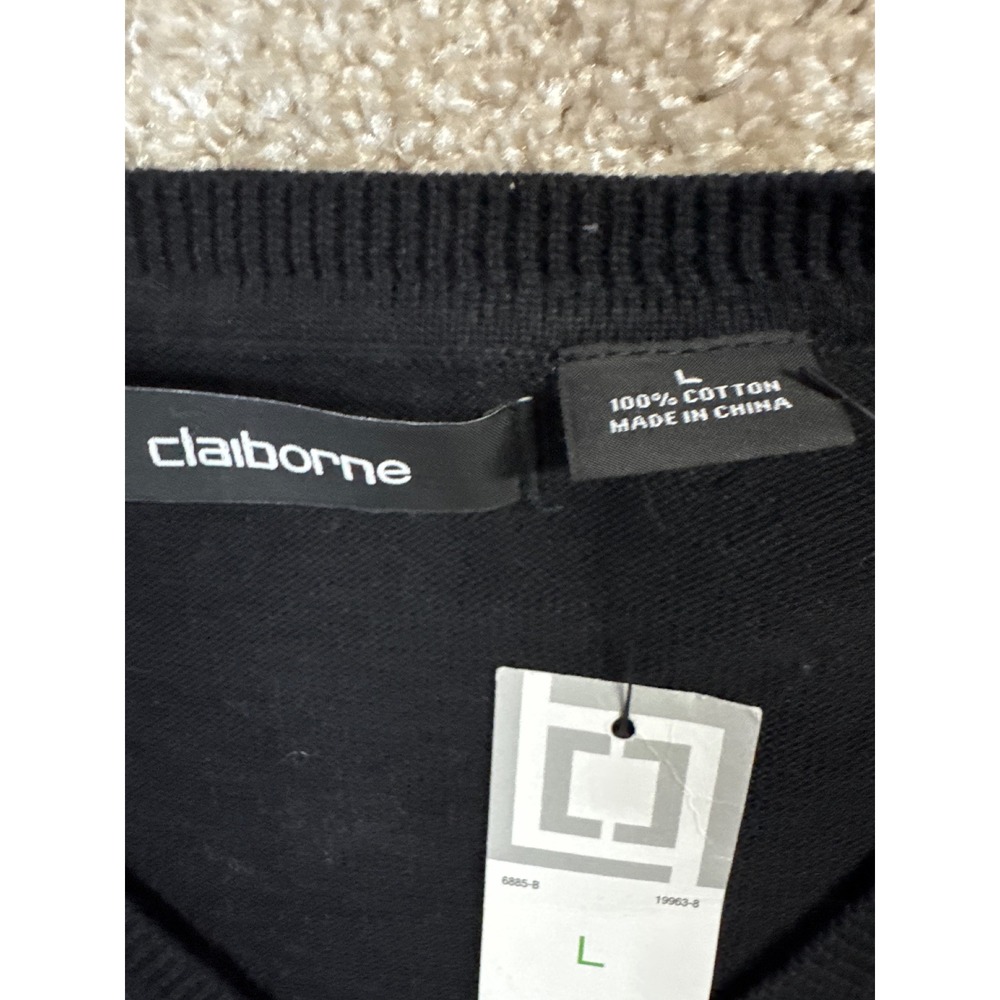 Claiborne Mens Argyle V-Neck Sweater Black Grey White Cotton Blend Pullover L - Picture 4 of 5